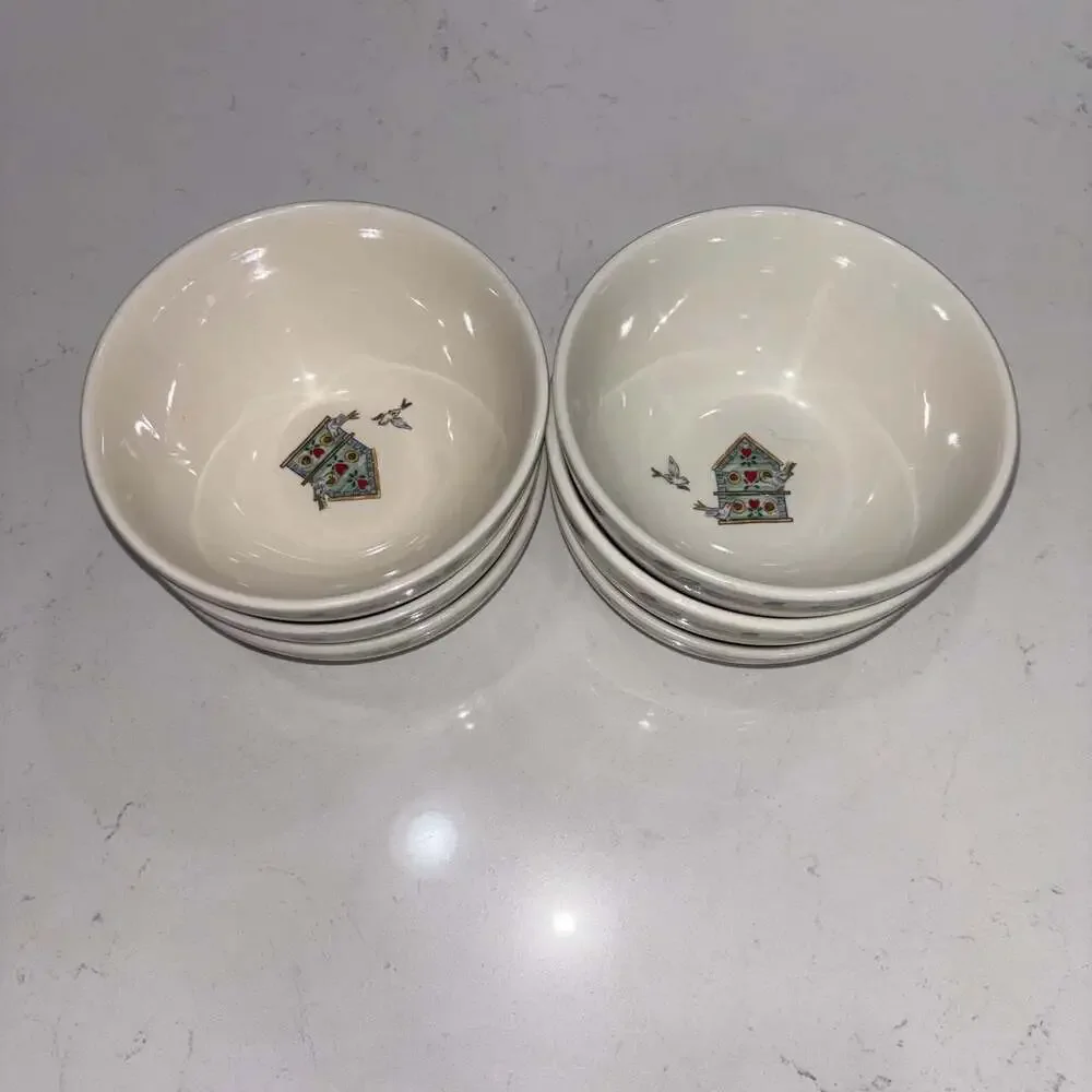 Thomson Pottery Birdhouse Pattern Cereal Soup Bowls, Set of 6